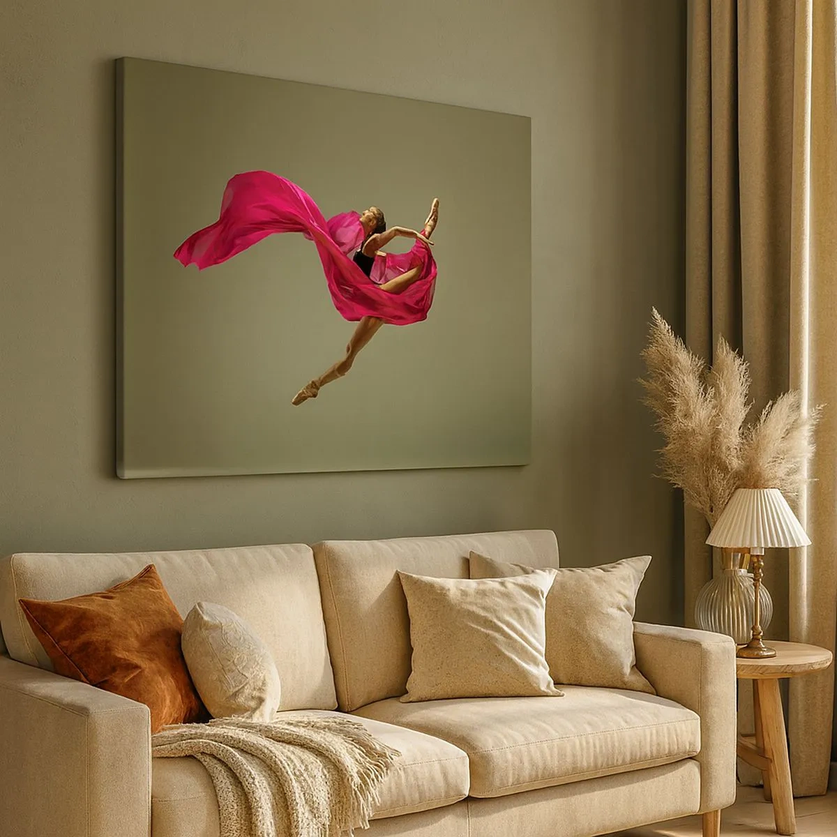 Schilderen op canvas - Balletdanseres in dynamische pose met roze stof - 70x50cm - Dansende vlam - Moderne wanddecoratie voor woonkamer en slaapkamer ARTTOR