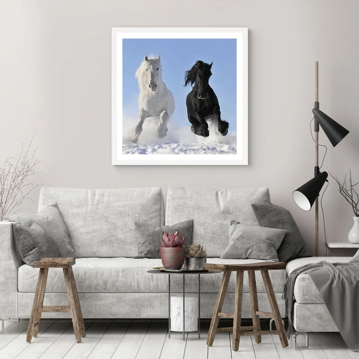 Poster in een witte lijst - Zwart-wit galop - 50x50 cm