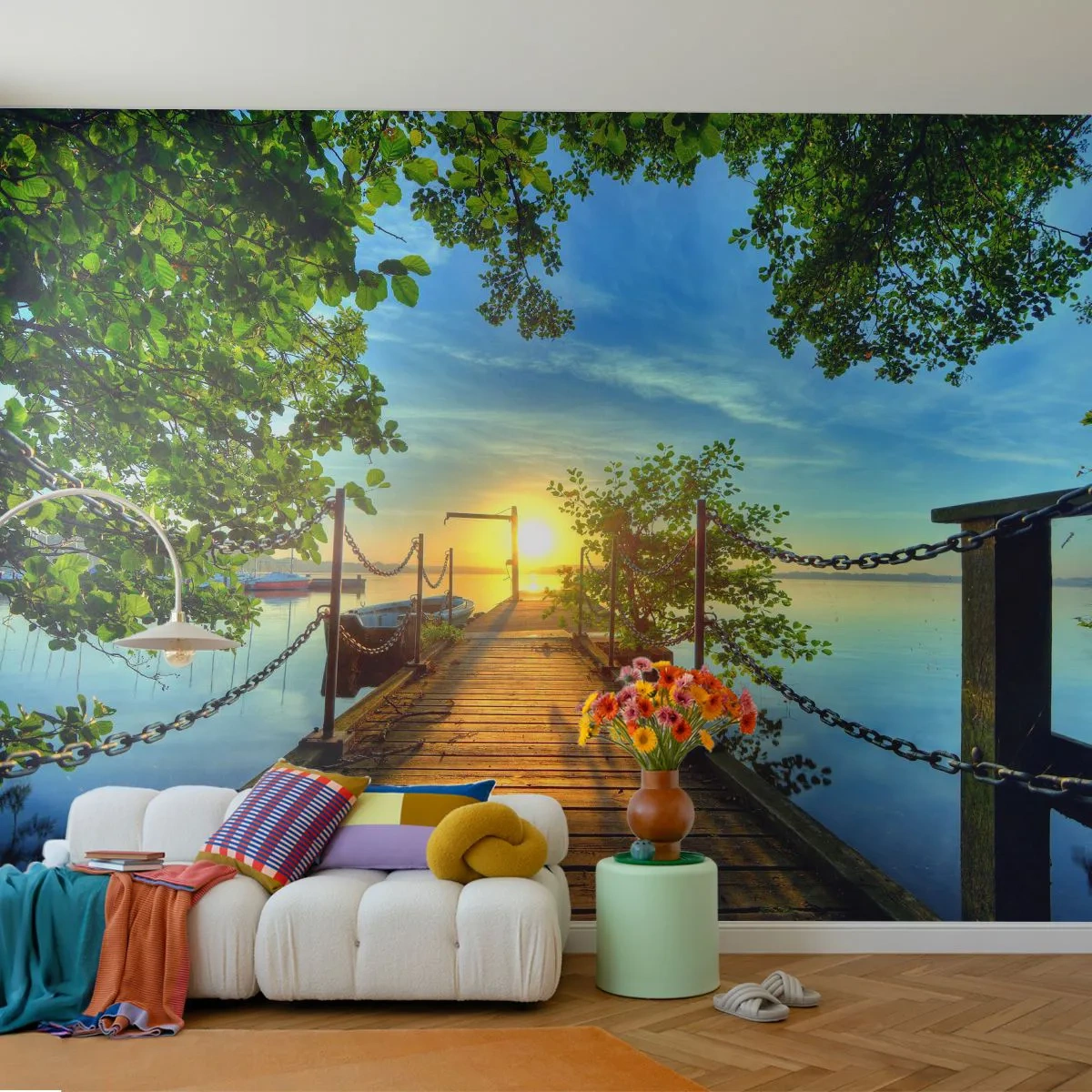 Fotobehang Premium Sand - Zonsondergang boven het water - Landschap, Meer, Zeilboot - 100x70 cm
