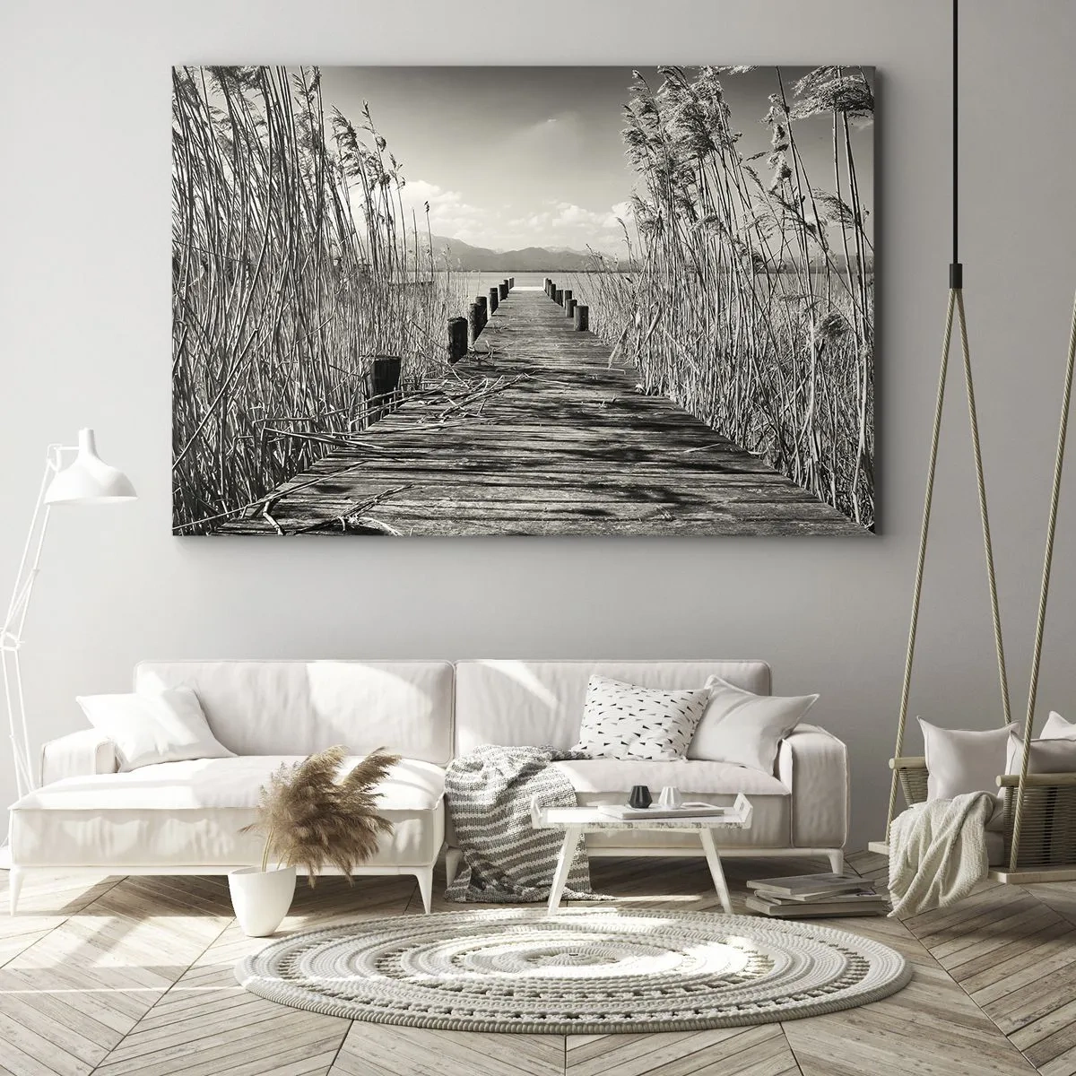 Schilderen op canvas - Een houten steiger tussen hoog gras boven een sepiakleurig meer - 70x50cm - In de stilte van het gras - Moderne wanddecoratie voor woonkamer en slaapkamer ARTTOR