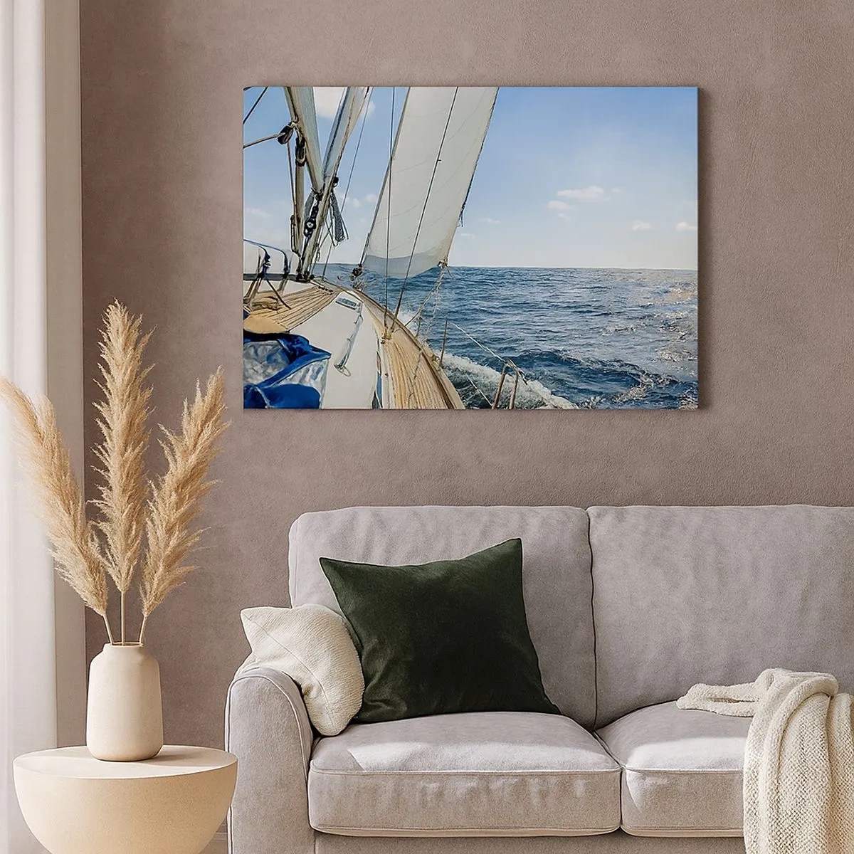 Schilderen op canvas - Een zeilboot op een kalme zee onder een blauwe lucht - 70x50cm - Ahoi, avontuur - Moderne wanddecoratie voor woonkamer en slaapkamer ARTTOR