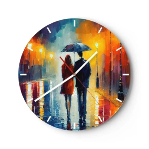 Wandklok - Klok - Een stel met een paraplu op een kleurrijke, regenachtige straat 's nachts. - 30x30cm - Samen – een kleurrijke nacht - Moderne wanddecoratie voor woonkamer, keuken en slaapkamer ARTTOR