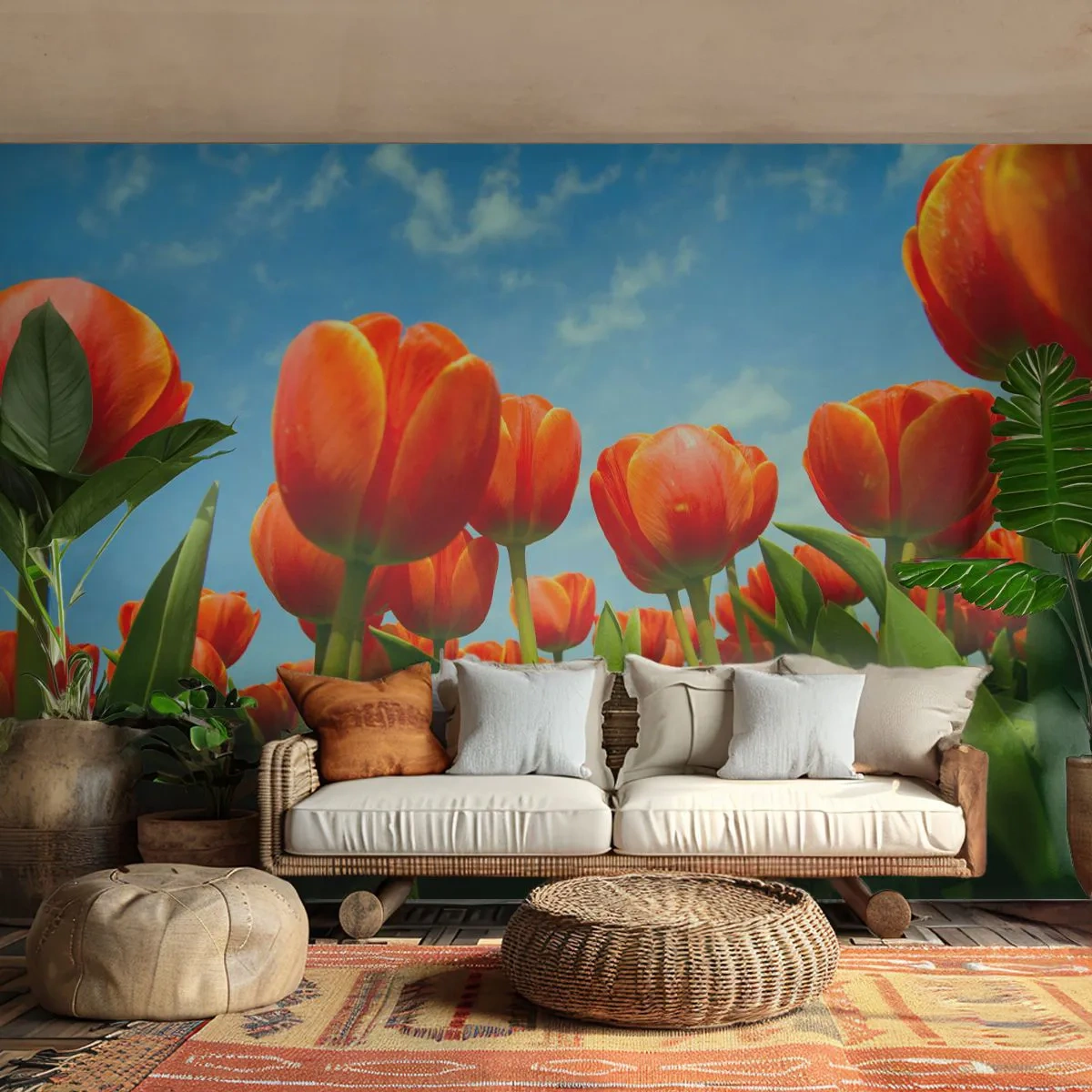 Fotobehang Premium Sand - Afgezien van de blauwe lucht hebben ze niets nodig in hun leven - Bloemen, Tulpen, Natuur - 100x70 cm
