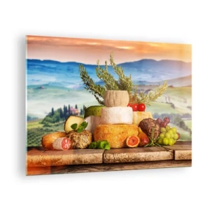 Schilderen op glas - Een compositie van kazen en fruit tegen de achtergrond van het Toscaanse landschap - 70x50cm - De Italiaanse levensvreugde - Moderne wanddecoratie voor woonkamer en slaapkamer ARTTOR