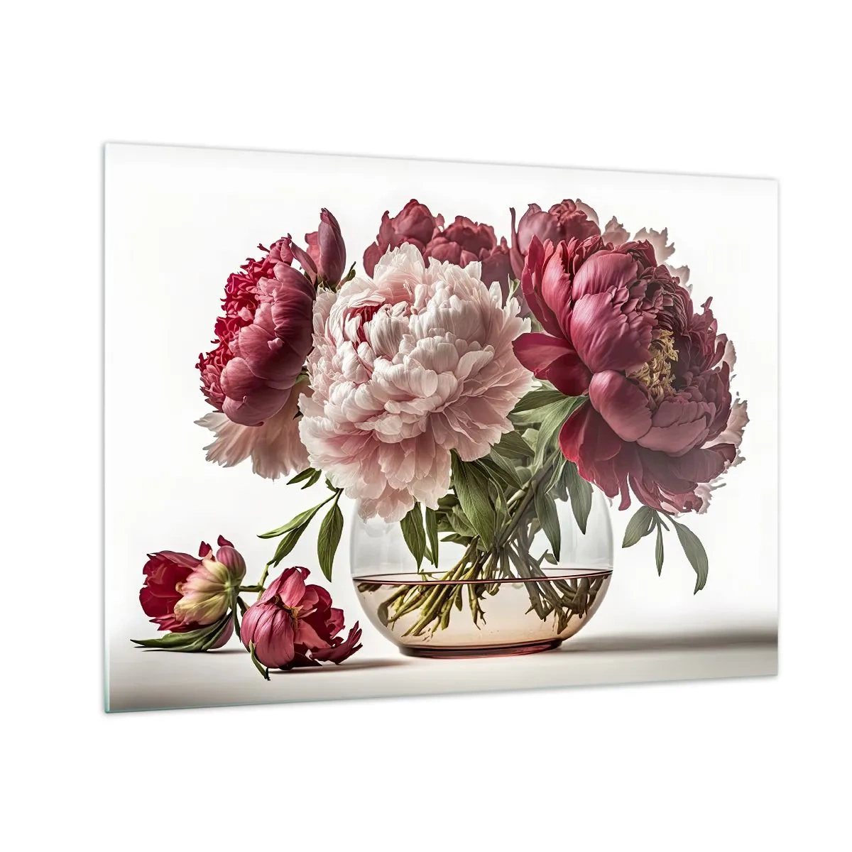 Schilderen op glas - Een boeket pioenrozen in een glazen vaas op een lichte achtergrond - 70x50cm - In volle bloei van schoonheid - Moderne wanddecoratie voor woonkamer en slaapkamer ARTTOR