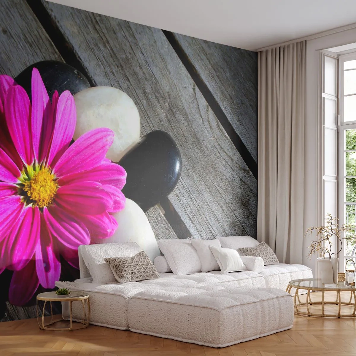 Fotobehang Premium Canvas - Rust op de pier - Bloem, Stenen, Houten brug - 200x140 cm