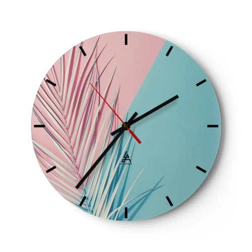Wandklok - Klok - Palmbladeren op een pastelroze en blauwe achtergrond - 30x30cm - Tropische impressie - Moderne wanddecoratie voor woonkamer, keuken en slaapkamer ARTTOR