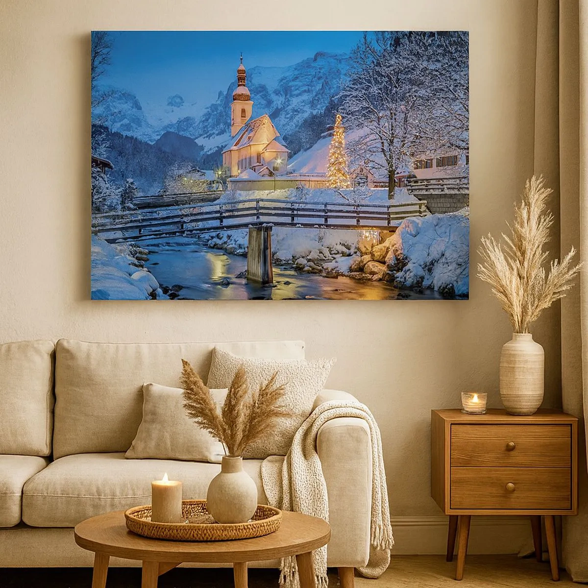 Schilderen op canvas - Winterlandschap met een kerk, brug en bergen in de schemering - 70x50cm - Kerstgeest - Moderne wanddecoratie voor woonkamer en slaapkamer ARTTOR
