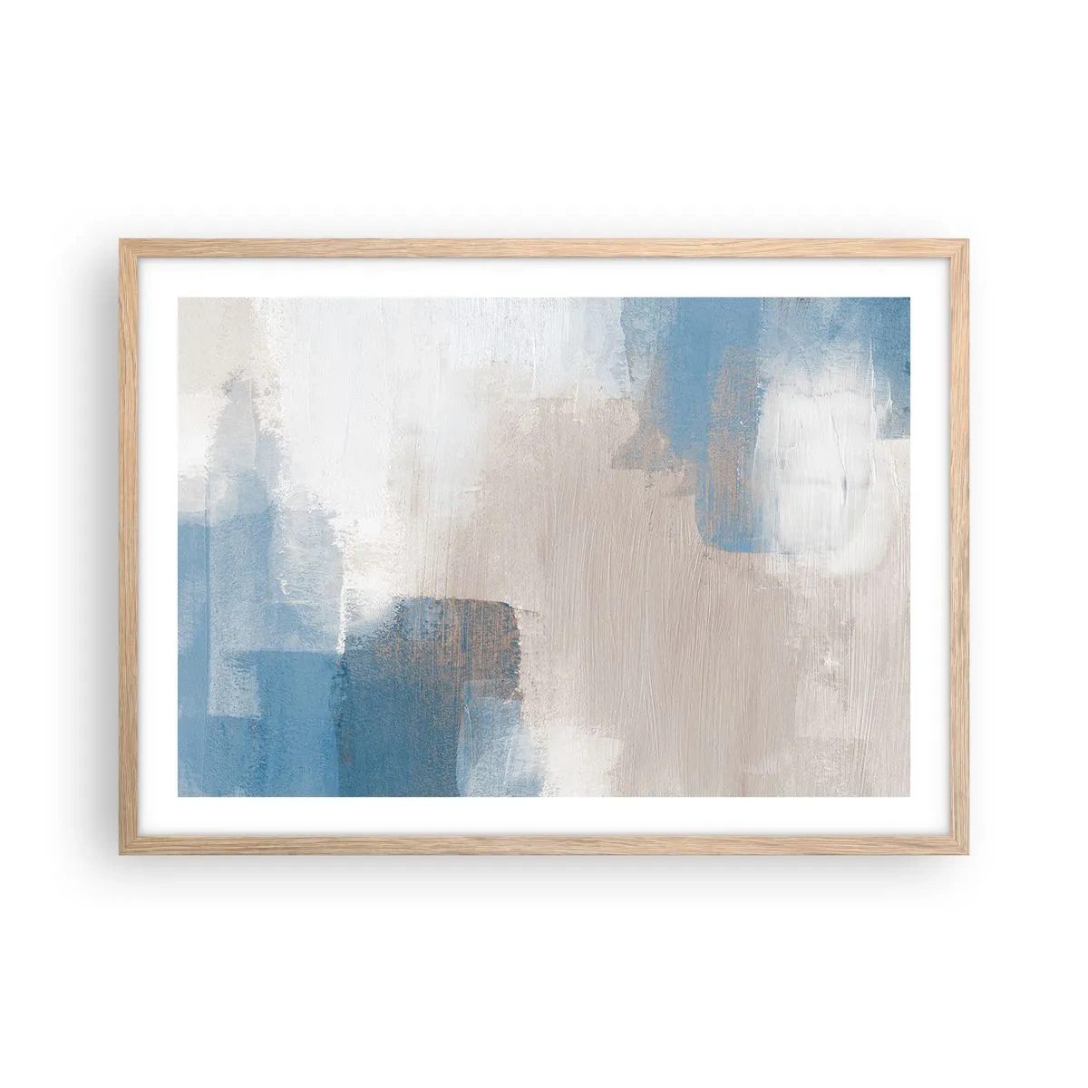 Een poster in een licht eiken lijst - Roze abstractie achter een blauw gordijn - 70x50 cm