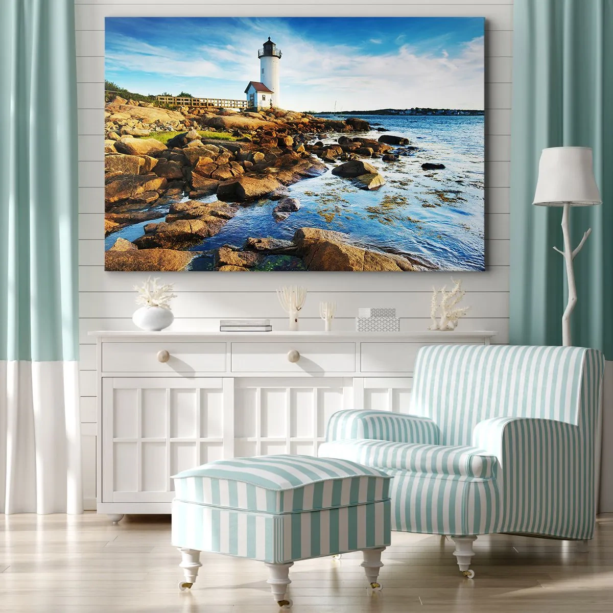 Schilderen op canvas - Een vuurtoren op een rotsachtige kust op een zonnige dag - 70x50cm - Kom blij terug, ik wacht - Moderne wanddecoratie voor woonkamer en slaapkamer ARTTOR