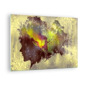 Schilderen op glas - Een vrouwengezichtsprofiel vol natuur en kleurrijke effecten. - 70x50cm - Moeder Natuur - Moderne wanddecoratie voor woonkamer en slaapkamer ARTTOR