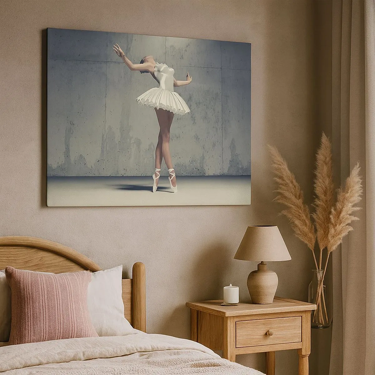 Schilderen op canvas - Een balletdanseres in een witte jurk tegen een kale muur. - 70x50cm - Licht als een vogel - Moderne wanddecoratie voor woonkamer en slaapkamer ARTTOR