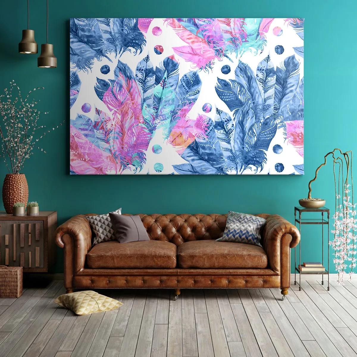 Schilderen op canvas - Pluimen in roze en blauw - 100x70 cm
