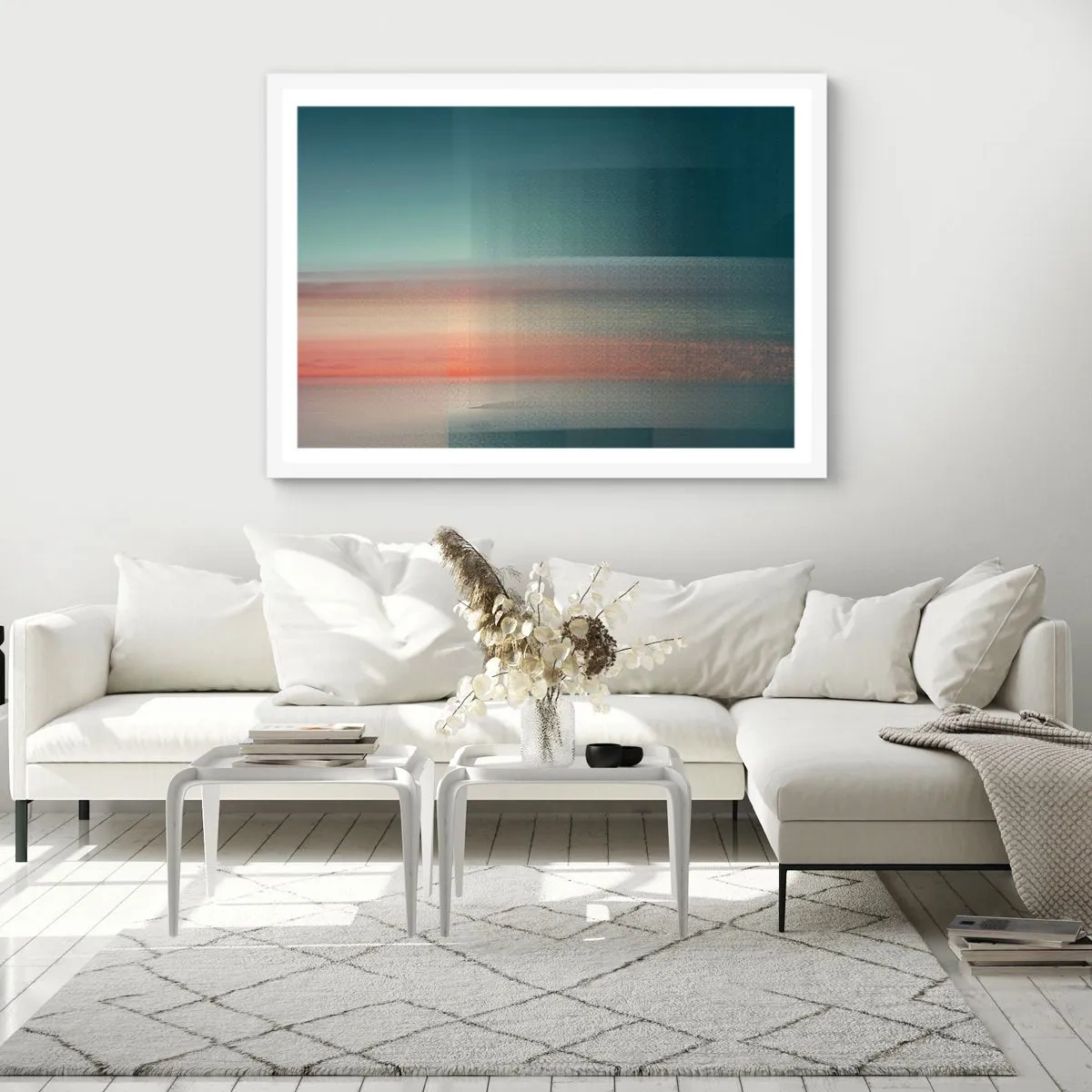 Poster in een witte lijst - Abstractie: golven van licht - 100x70 cm
