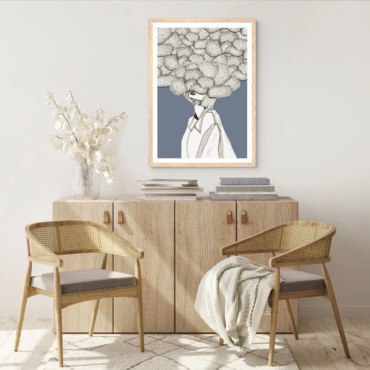 Een poster in een licht eiken lijst - Met hoofd in de wolken - 50x70 cm