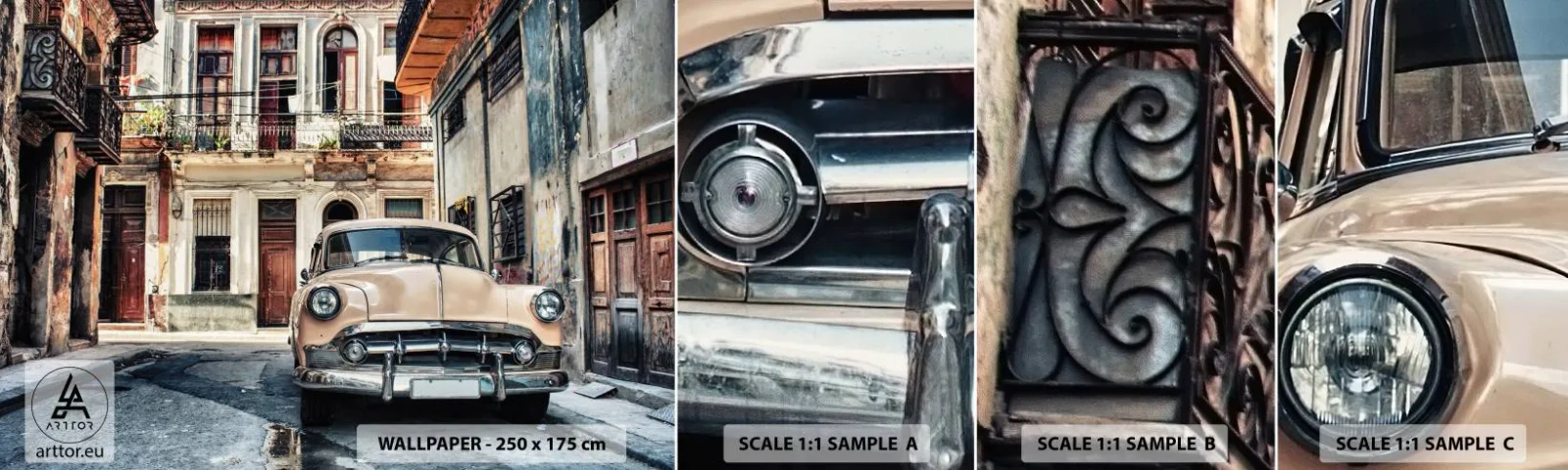 Fotobehang Monster Zelfklevend Deluxe Sticker - De siësta in Havana - Vintage auto, Architectuur, Stad - 100x30 cm