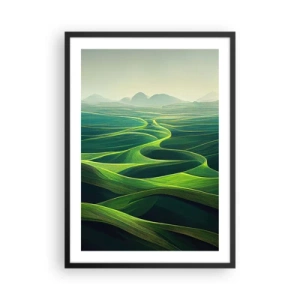 Poster in een zwarte lijst - Groene glooiende velden met uitzicht op de bergen - 50x70cm - In de groene dalen - Moderne wanddecoratie voor woonkamer en slaapkamer ARTTOR
