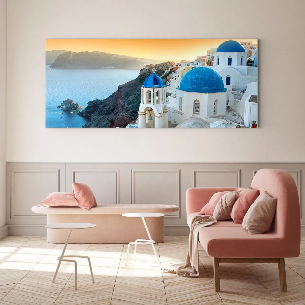 Schilderen op glas - Santorini - genesteld tegen de rotsen - 100x40 cm