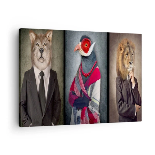Schilderen op canvas - Gestileerde portretten van een wolf, een fazant en een leeuw in elegante kleding - 70x50cm - Wat doe ik hier?! - Moderne wanddecoratie voor woonkamer en slaapkamer ARTTOR