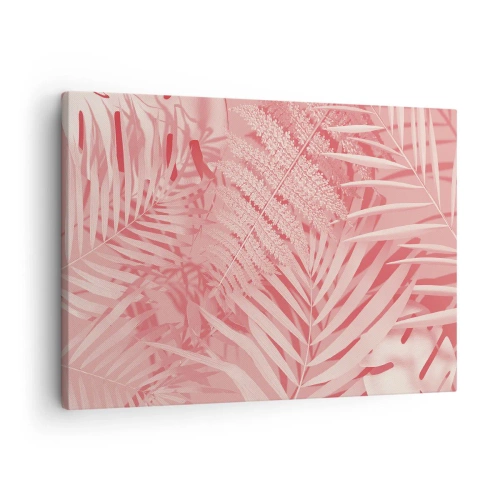 Schilderen op canvas - Roze tropische bladeren in een delicate en minimalistische stijl - 70x50cm - Roze concept - Moderne wanddecoratie voor woonkamer en slaapkamer ARTTOR