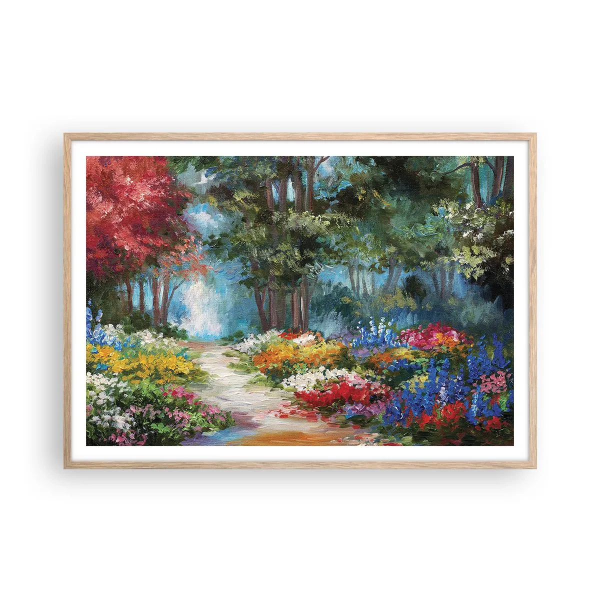 Een poster in een licht eiken lijst - Bostuin, bloemenbos - 100x70 cm