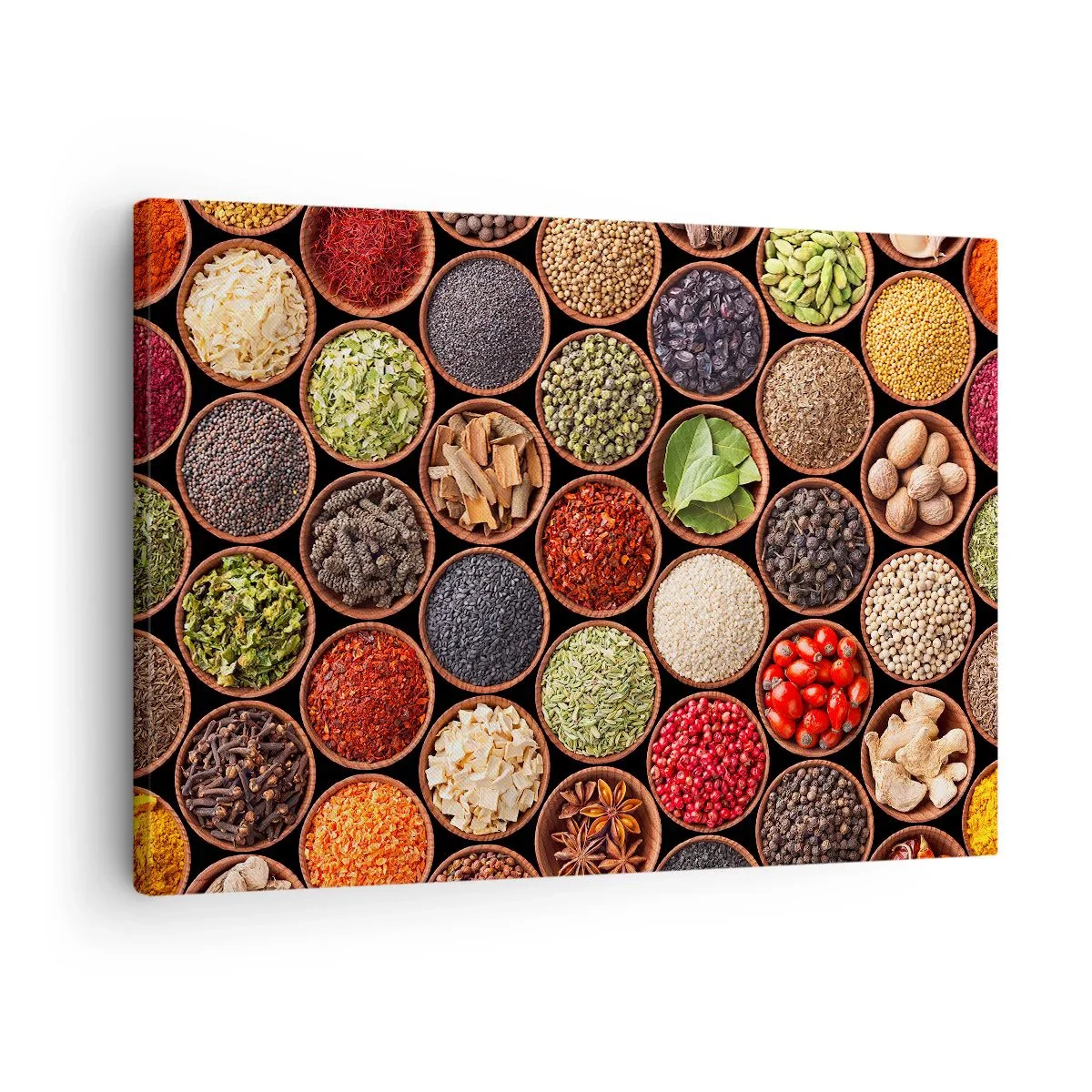 Schilderen op canvas - Kleurrijke kruiden in ronde bakjes - 70x50cm - Alle smaken van de wereld - Moderne wanddecoratie voor woonkamer en slaapkamer ARTTOR