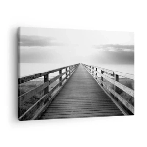 Schilderen op canvas - Een zwart-witfoto van een houten steiger die naar de horizon leidt. - 70x50cm - In de verte ... - Moderne wanddecoratie voor woonkamer en slaapkamer ARTTOR