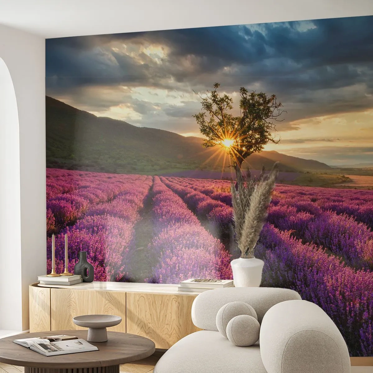 Fotobehang Premium Canvas - Lila gekleurd aroma - Landschap, Lavendel, Provence - 300x210 cm