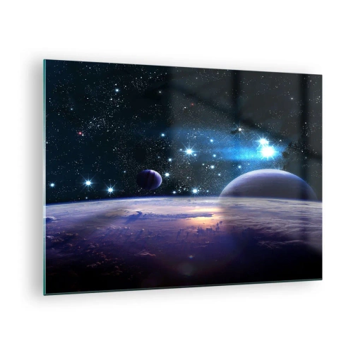 Schilderen op glas - Een ruimtelandschap met planeten en sterren tegen de achtergrond van een sterrenstelsel. - 70x50cm - Nog steeds alleen? - Moderne wanddecoratie voor woonkamer en slaapkamer ARTTOR