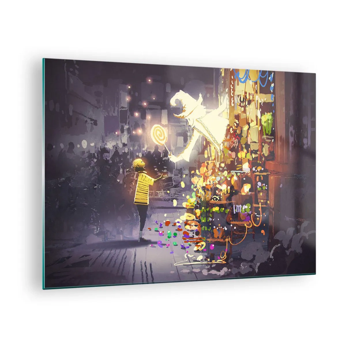 Schilderen op glas - Een kind in een licht T-shirt bij een fleurige kraam vol kleurrijke snoepjes - 70x50cm - Tovenarij bestaat wel - Moderne wanddecoratie voor woonkamer en slaapkamer ARTTOR