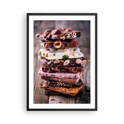 Poster in een zwarte lijst - Een stapel chocolade repen met noten en fruit - 50x70cm - Een heerlijk vooruitzicht - Moderne wanddecoratie voor woonkamer en slaapkamer ARTTOR