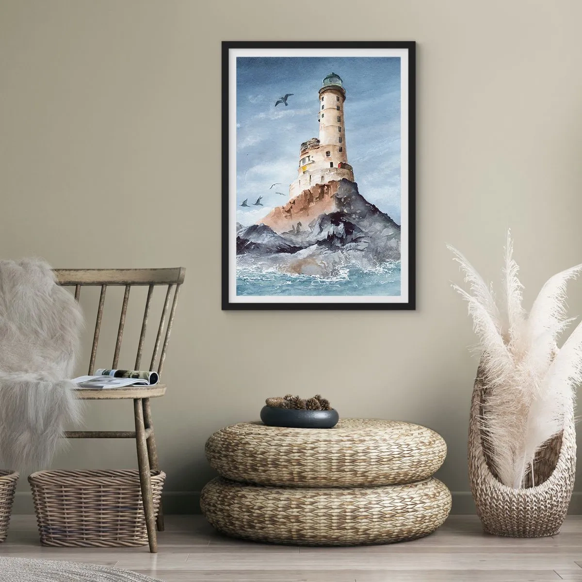 Poster in een zwarte lijst - Een aquarel van een vuurtoren op een rotsachtige kust - 50x70cm - Onoverwinnelijk - Moderne wanddecoratie voor woonkamer en slaapkamer ARTTOR