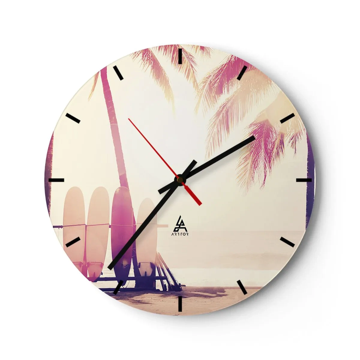 Wandklok - Klok - Surfplanken en palmbomen op het strand bij zonsopgang - 30x30cm - Het wordt een geweldige dag - Moderne wanddecoratie voor woonkamer, keuken en slaapkamer ARTTOR