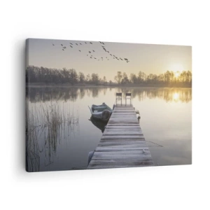 Schilderen op canvas - Een pier aan het meer in de ochtend met een boot en stoelen - 70x50cm - Ik ben zo terug - Moderne wanddecoratie voor woonkamer en slaapkamer ARTTOR