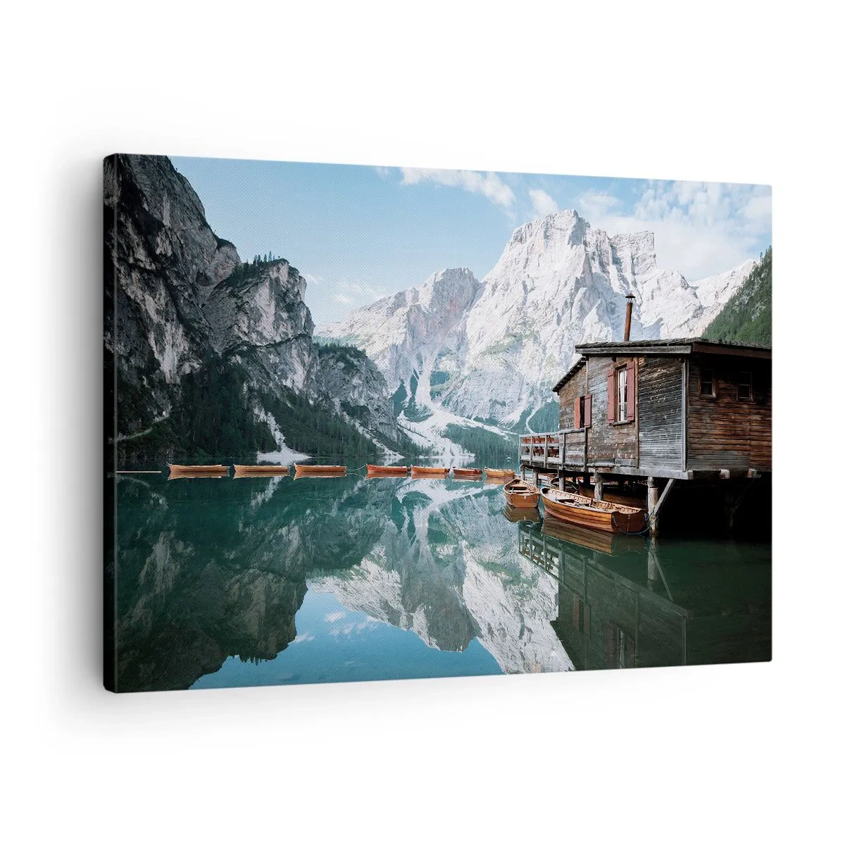 Schilderen op canvas - Een houten huisje bij een rustig bergmeer - 70x50cm - Een kristalheldere bergochtend - Moderne wanddecoratie voor woonkamer en slaapkamer ARTTOR