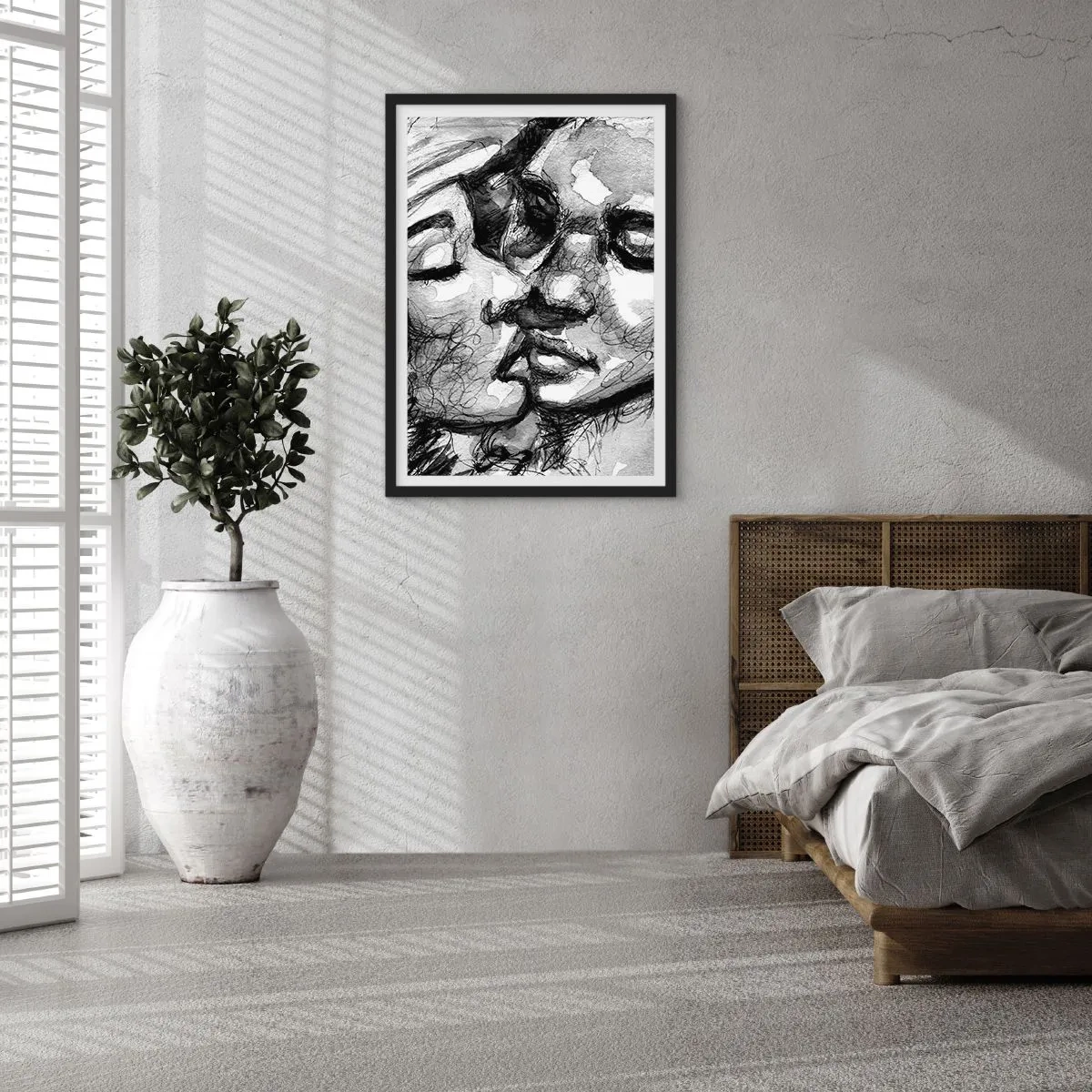 Poster in een zwarte lijst - Abstract zwart-wit portret van een kus - 50x70cm - Een teder moment - Moderne wanddecoratie voor woonkamer en slaapkamer ARTTOR