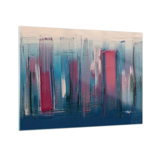 Schilderen op glas - Verticale penseelstreken in rood en blauw op een beige achtergrond - 70x50cm - Verticale compositie in blauw en rood - Moderne wanddecoratie voor woonkamer en slaapkamer ARTTOR