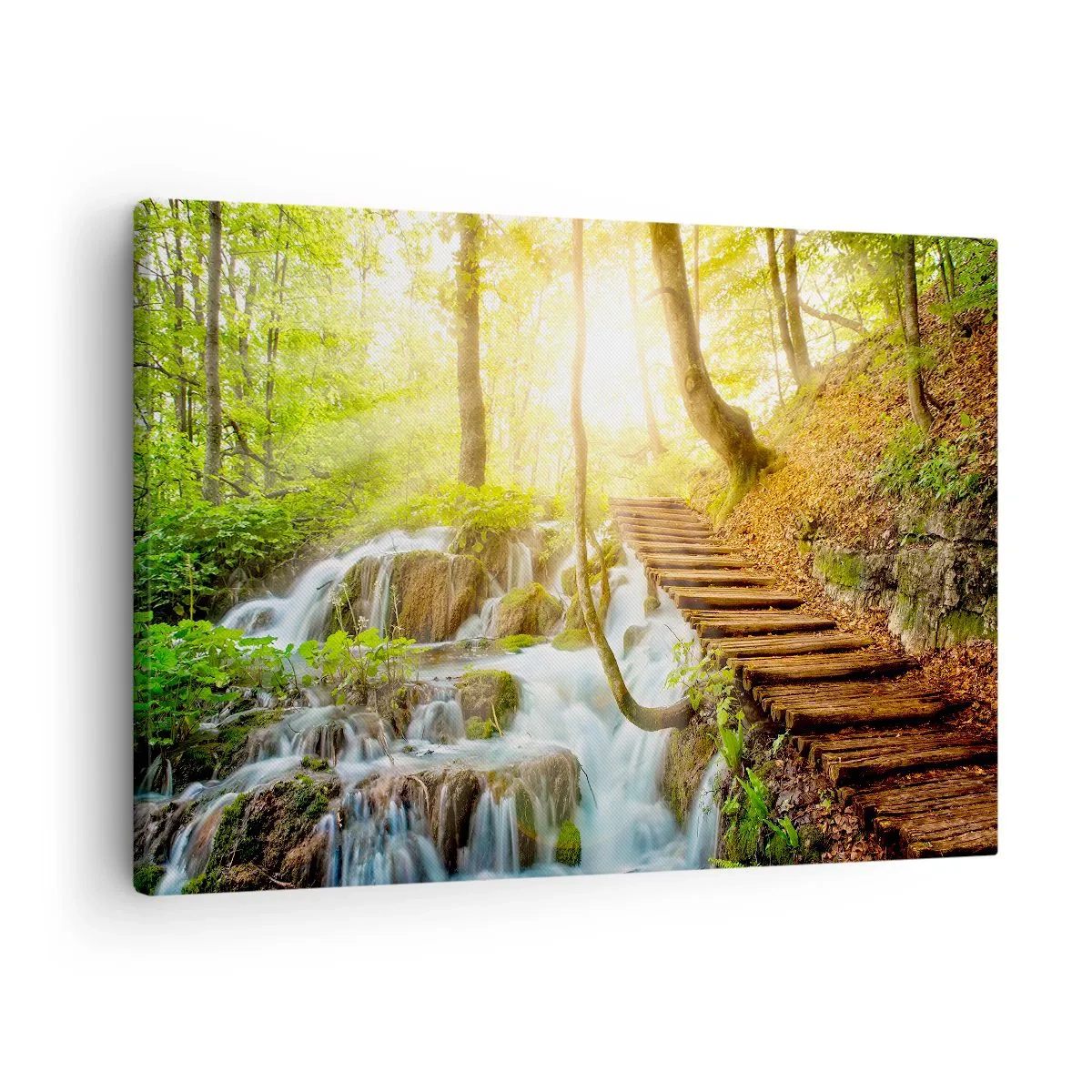 Schilderen op canvas - Bospad met houten trap bij de waterval - 70x50cm - Een felbegeerde koelte - Moderne wanddecoratie voor woonkamer en slaapkamer ARTTOR