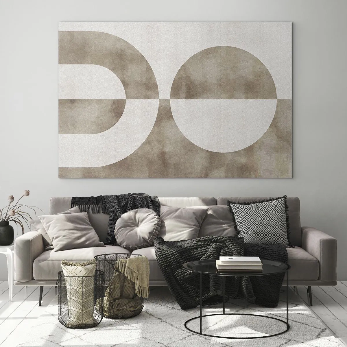 Schilderen op glas - Beige geometrie met een halve cirkel en een cirkel op een horizontale achtergrond - 70x50cm - Gelijkenissen en verschillen - Moderne wanddecoratie voor woonkamer en slaapkamer ARTTOR
