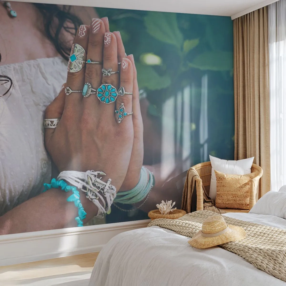 Fotobehang Premium Sand - Welkom in het centrum van het zijn - Vrouw, Juwelen, Boho - 500x350 cm