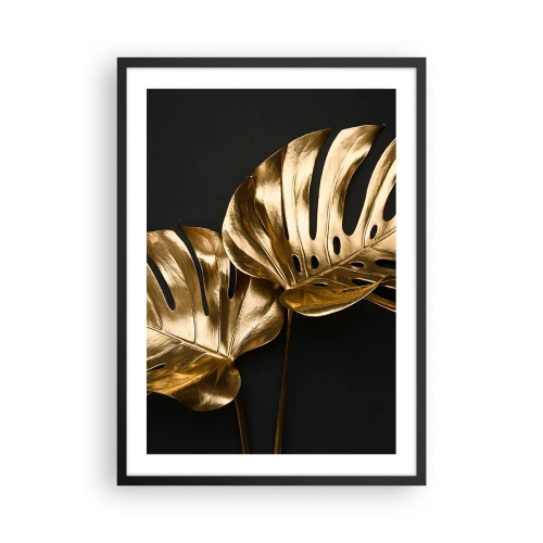 Poster in een zwarte lijst - Gouden monsterabladeren op een zwarte achtergrond, een elegant kleurcontrast - 50x70cm - De schatten van de natuur - Moderne wanddecoratie voor woonkamer en slaapkamer ARTTOR