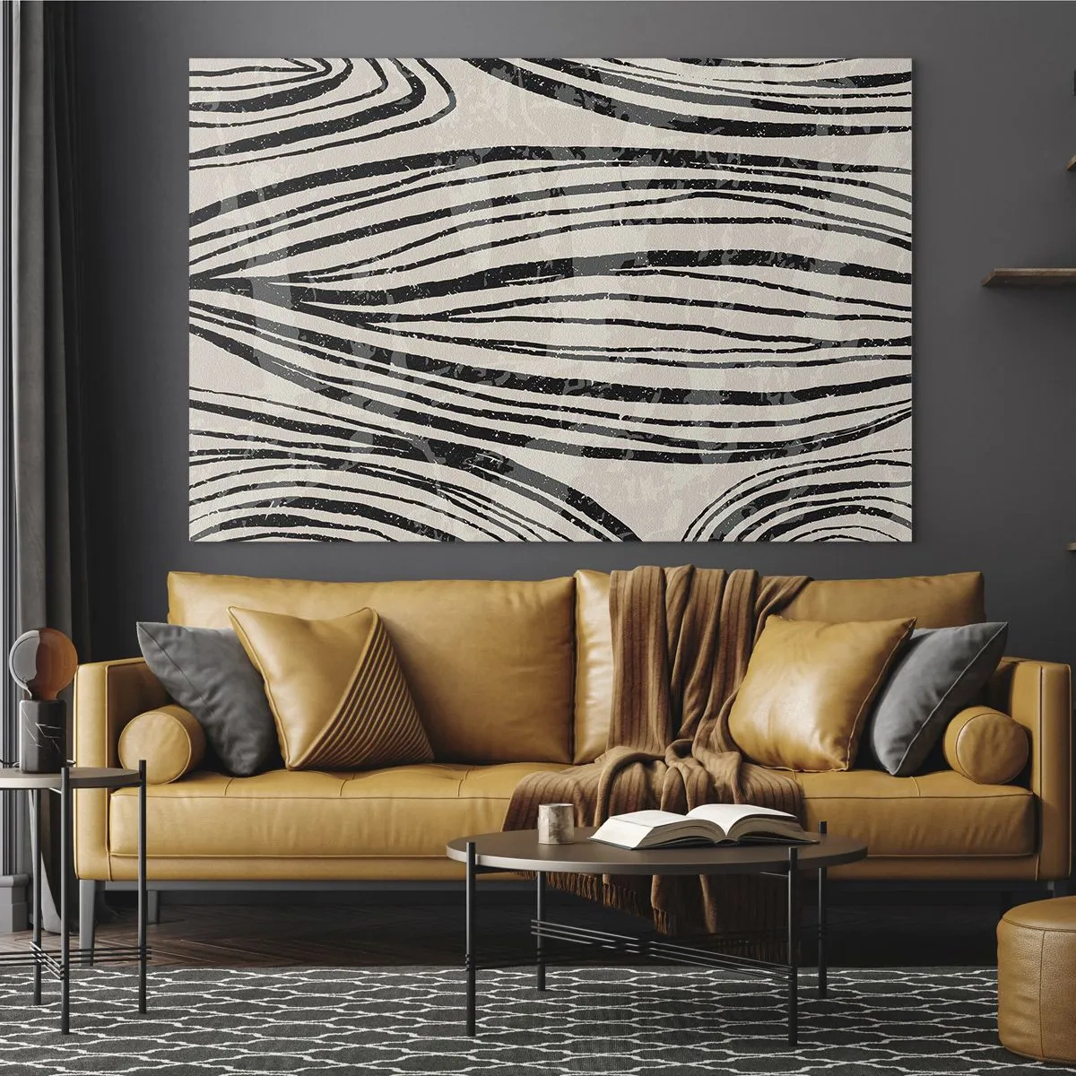 Schilderen op glas - Golven van zwarte lijnen op een lichte achtergrond - 70x50cm - Lijnoverstromingsvlakte - Moderne wanddecoratie voor woonkamer en slaapkamer ARTTOR