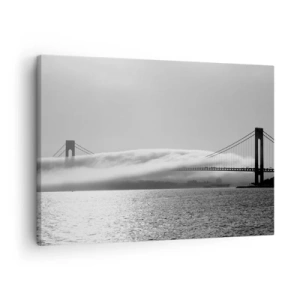 Schilderen op canvas - Een brug over water gehuld in mist op een zwart-witfoto - 70x50cm - Vaar door de Golden Gates - Moderne wanddecoratie voor woonkamer en slaapkamer ARTTOR