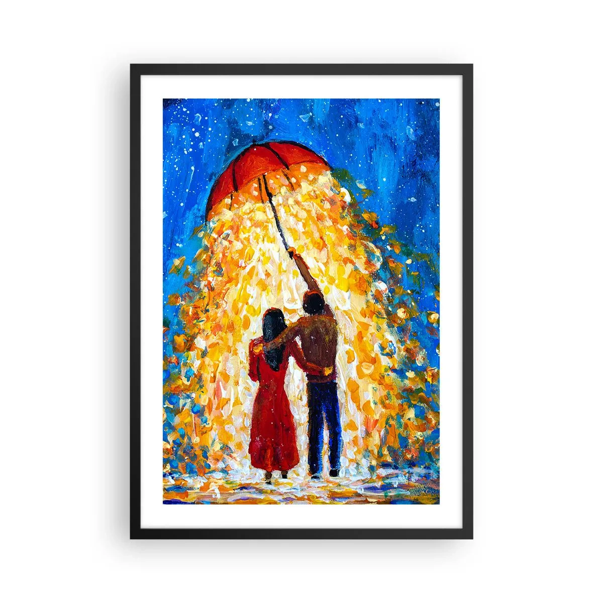 Poster in een zwarte lijst - Een romantisch stel onder een paraplu vol licht - 50x70cm - De magie van een regenachtige avond? - Moderne wanddecoratie voor woonkamer en slaapkamer ARTTOR