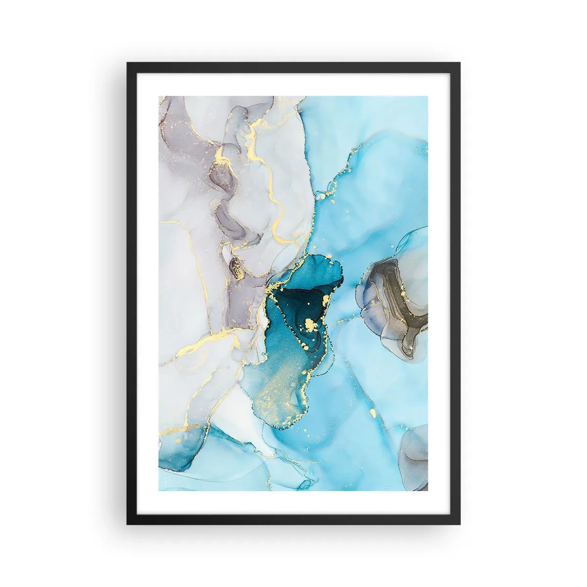 Poster in een zwarte lijst - Een abstracte compositie in blauwtinten met delicate gouden accenten. - 50x70cm - Een studie van de ontmoeting van grijs en turkoois - Moderne wanddecoratie voor woonkamer en slaapkamer ARTTOR