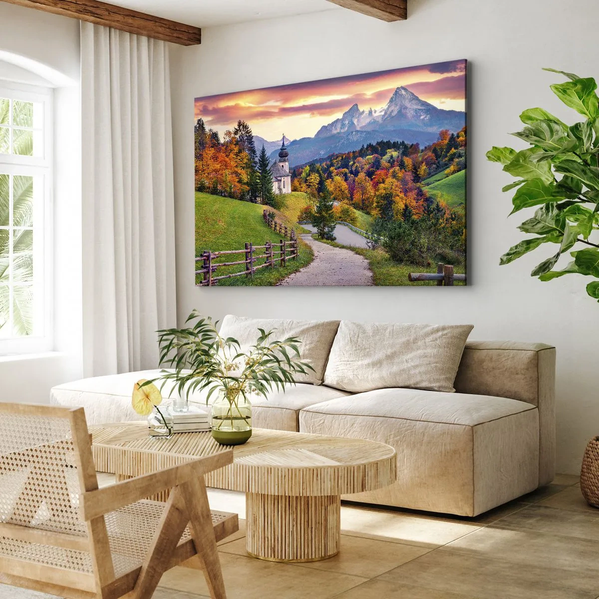Schilderen op canvas - Herfstberglandschap met een kapel en zonsondergang - 70x50cm - Landschap zoals geschilderd - Moderne wanddecoratie voor woonkamer en slaapkamer ARTTOR