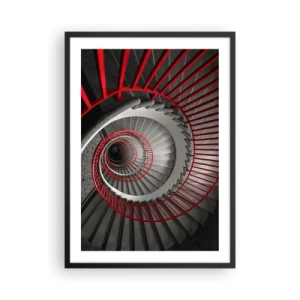Poster in een zwarte lijst - Wenteltrap in zwart-wit met rode leuningen - 50x70cm - Architectuur plezier - Moderne wanddecoratie voor woonkamer en slaapkamer ARTTOR