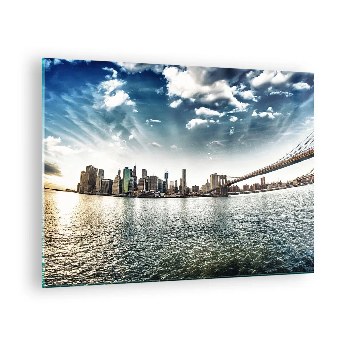 Schilderen op glas - Panorama van New York City met de Brooklyn Bridge - 70x50cm - Het glazen eiland - Moderne wanddecoratie voor woonkamer en slaapkamer ARTTOR
