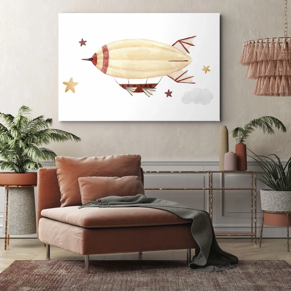Schilderen op canvas - Een met de hand geschilderd luchtschip tegen een achtergrond van sterren - 70x50cm - Luchtschip - Moderne wanddecoratie voor woonkamer en slaapkamer ARTTOR