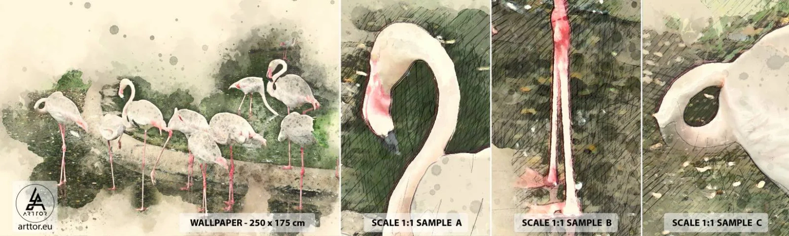 Fotobehang Monster Zelfklevend Deluxe Sticker - Exotische droom - Vogels, Flamingo's, Natuur - 100x30 cm